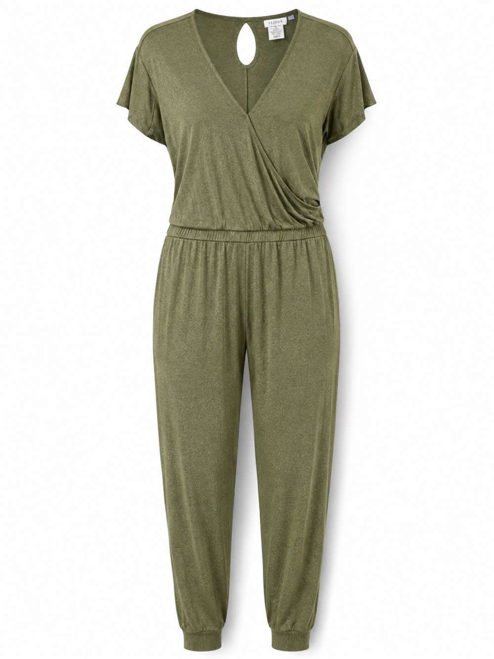 Serra Olive Green Short-Sleeve Wrap Jumpsuit